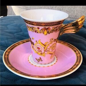 VERSACE Le Jardin De Italy Coffee Cup & Saucer Pink Gold Authentic Black